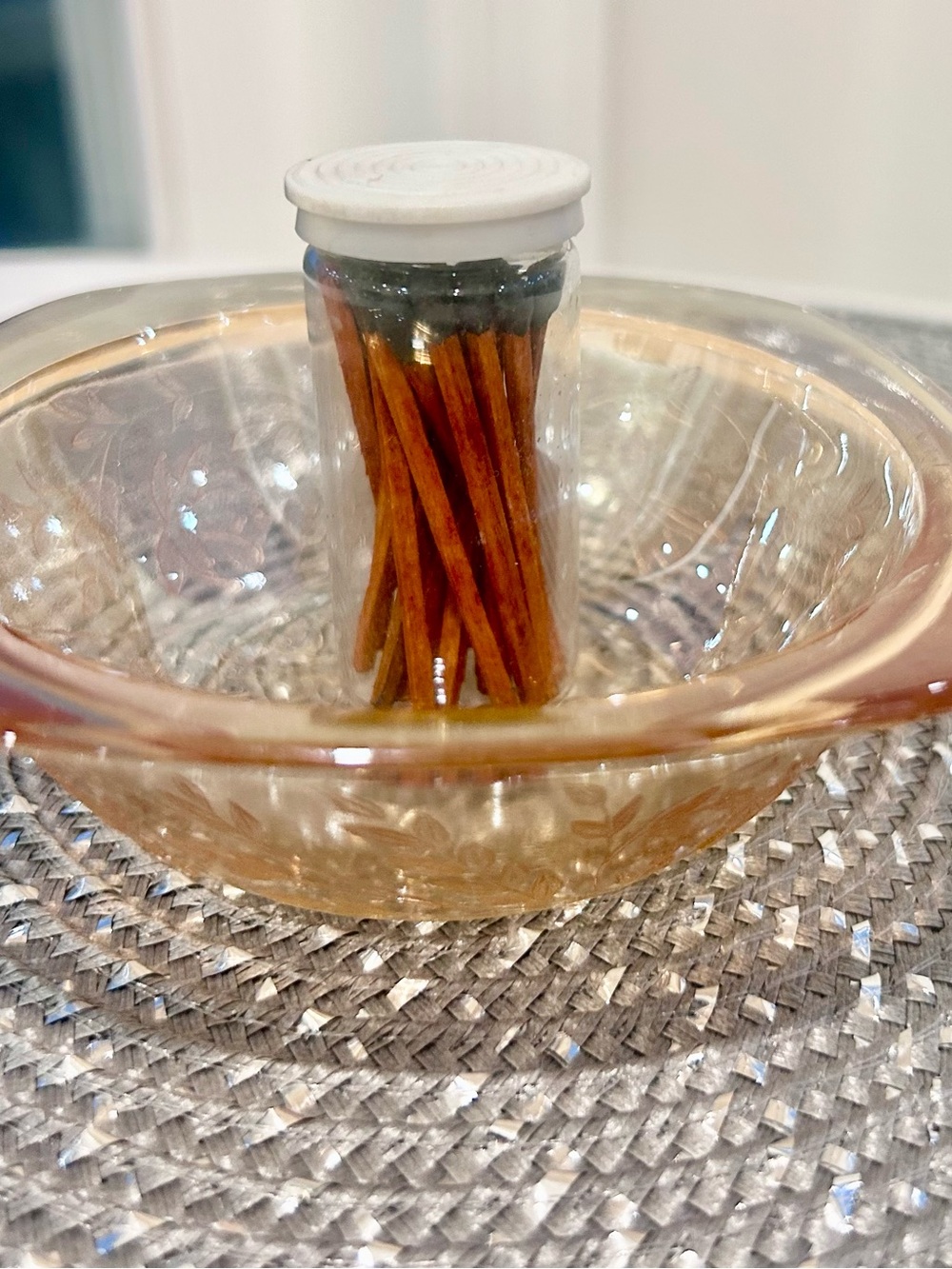Repurpose Restyle Marigold Carnival glass bowl decorative wood Matchsticks gift